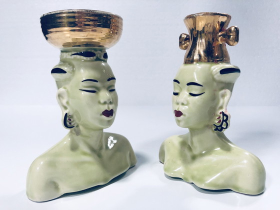 Image 1 of Bougeoirs Africanistes Vintage • Céramique Émaillée • 1950