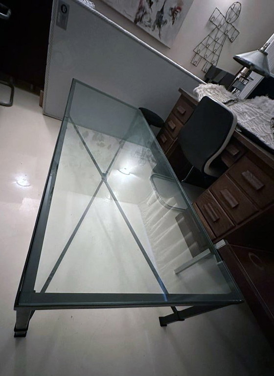 Image 1 of Grande Table Basse Sculpturale • Xxl • 180 Cm X 70 Cm • Ferronerie D’Art & Verre • 1980