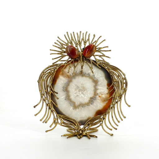 Sculpture Chouette Brutaliste Laiton Et Agate 1970