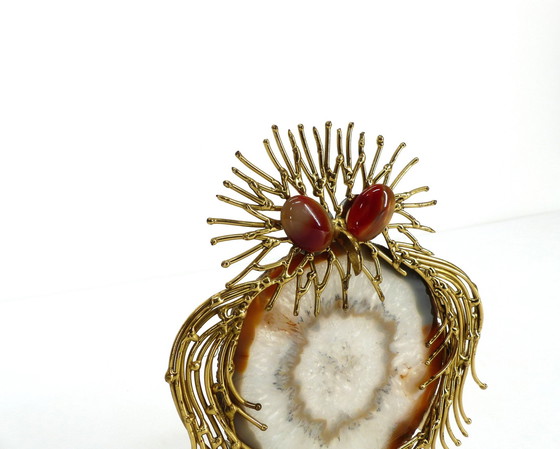 Image 1 of Sculpture Chouette Brutaliste Laiton Et Agate 1970