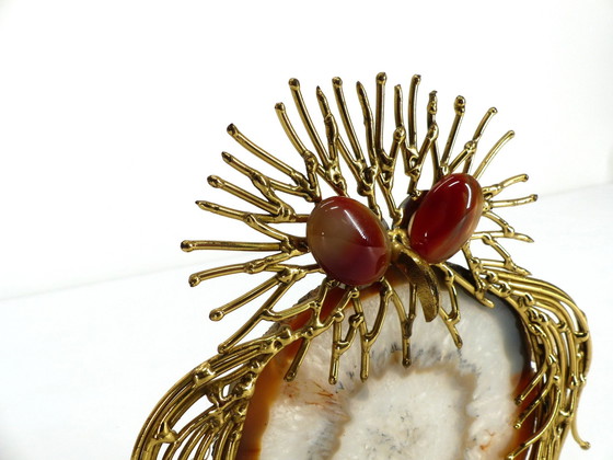 Image 1 of Sculpture Chouette Brutaliste Laiton Et Agate 1970