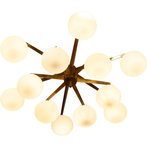 Lustre vintage en laiton et verre opalin, Italie