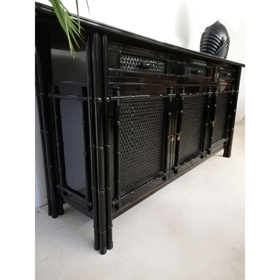 Image 1 of Buffet vintage en bambou et rotin laqué noir, Italie 1970