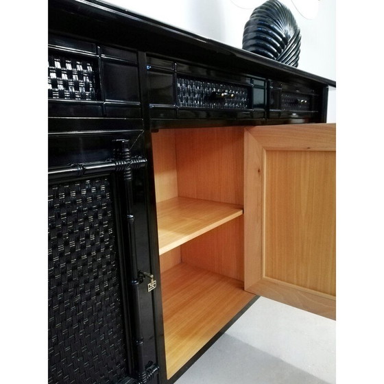 Image 1 of Buffet vintage en bambou et rotin laqué noir, Italie 1970