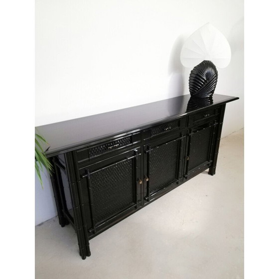 Image 1 of Buffet vintage en bambou et rotin laqué noir, Italie 1970