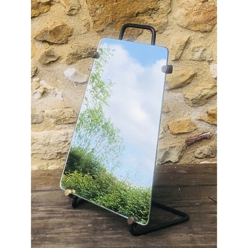 Miroir de table vintage, de style barbier, avec base en métal, années 1950