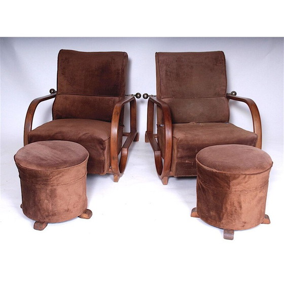 Image 1 of Paire de fauteuils vintage en bois et tissu, Tchécoslovaquie 1920