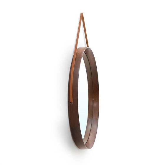 Image 1 of Miroir rond vintage en bois courbé et bracelet en cuir, Italie 1960