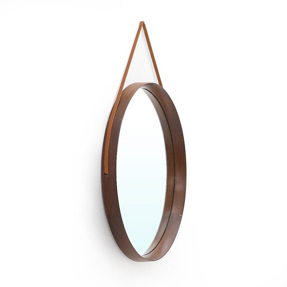 Image 1 of Miroir rond vintage en bois courbé et bracelet en cuir, Italie 1960