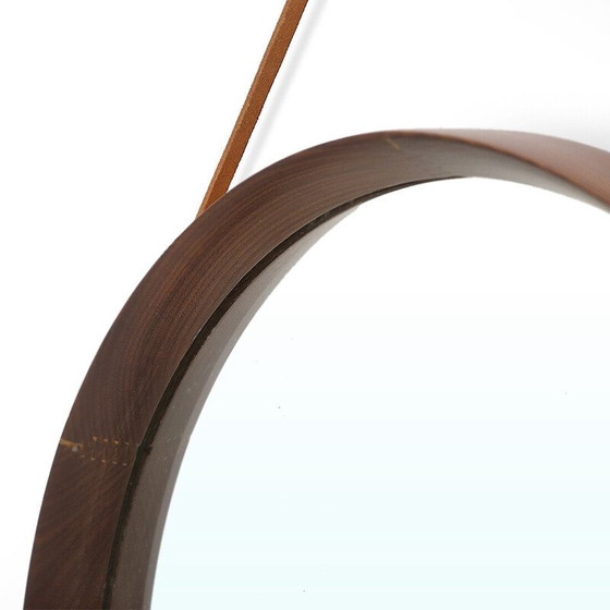 Image 1 of Miroir rond vintage en bois courbé et bracelet en cuir, Italie 1960