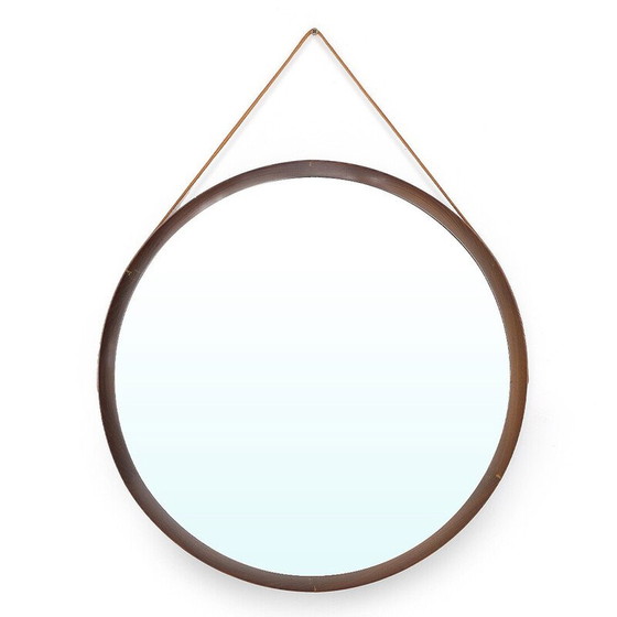 Image 1 of Miroir rond vintage en bois courbé et bracelet en cuir, Italie 1960