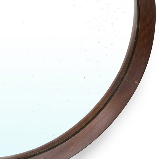 Image 1 of Miroir rond vintage en bois courbé et bracelet en cuir, Italie 1960