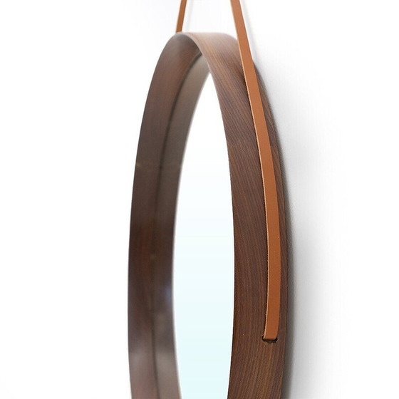 Image 1 of Miroir rond vintage en bois courbé et bracelet en cuir, Italie 1960