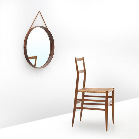 Image 1 of Miroir rond vintage en bois courbé et bracelet en cuir, Italie 1960