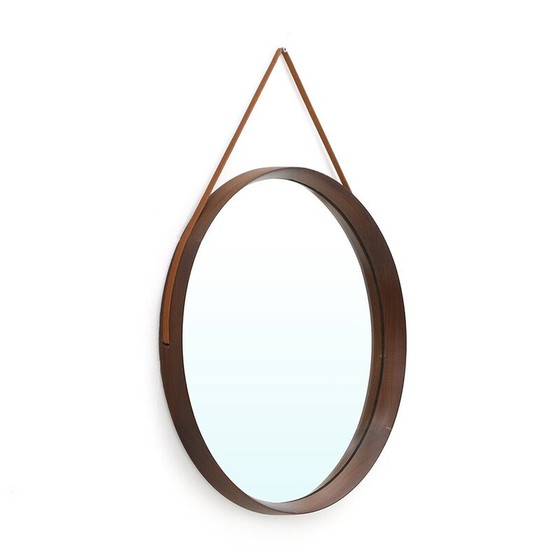 Image 1 of Miroir rond vintage en bois courbé et bracelet en cuir, Italie 1960