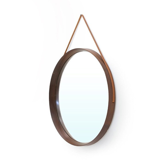 Image 1 of Miroir rond vintage en bois courbé et bracelet en cuir, Italie 1960