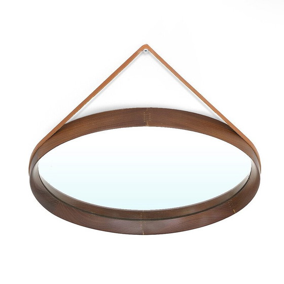 Image 1 of Miroir rond vintage en bois courbé et bracelet en cuir, Italie 1960