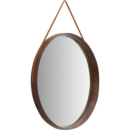 Miroir rond vintage en bois courbé et bracelet en cuir, Italie 1960