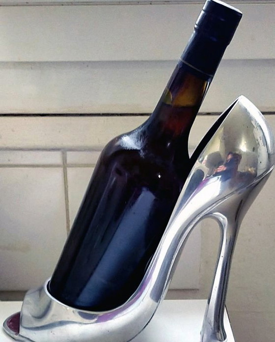 Image 1 of Porte Bouteille Vintage • Talon Aiguille • Acier Chromé • Intérieur Rouge • 1980