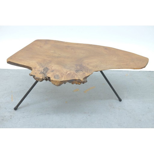 Table basse vintage en bois et laiton, Autriche 1950