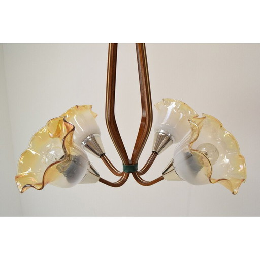 Lustre vintage en bois et métal, Tchécoslovaquie 1960