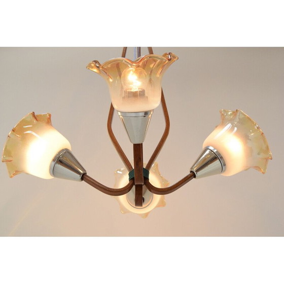 Image 1 of Lustre vintage en bois et métal, Tchécoslovaquie 1960