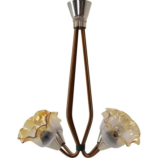 Lustre vintage en bois et métal, Tchécoslovaquie 1960