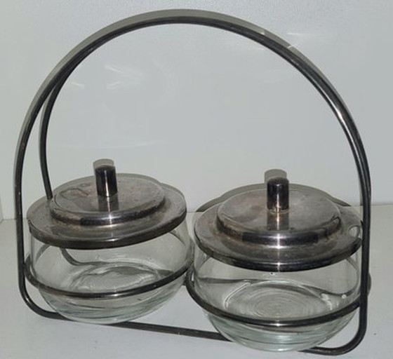 Image 1 of Pots à confiture en métal argenté avec support, lot de 3