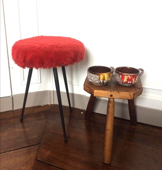 Image 1 of Tabouret Moumoute Pelfran Rouge 1960