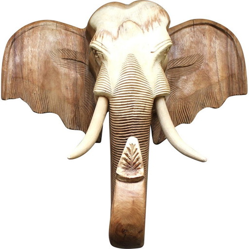 Tête d'éléphant vintage en teck, Thaïlande