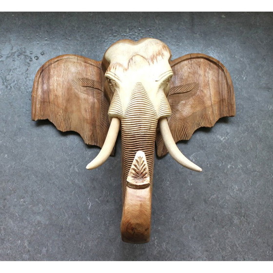 Image 1 of Tête d'éléphant vintage en teck, Thaïlande