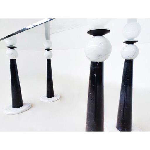 Table de salle à manger vintage en marbre et verre, Italie 1980