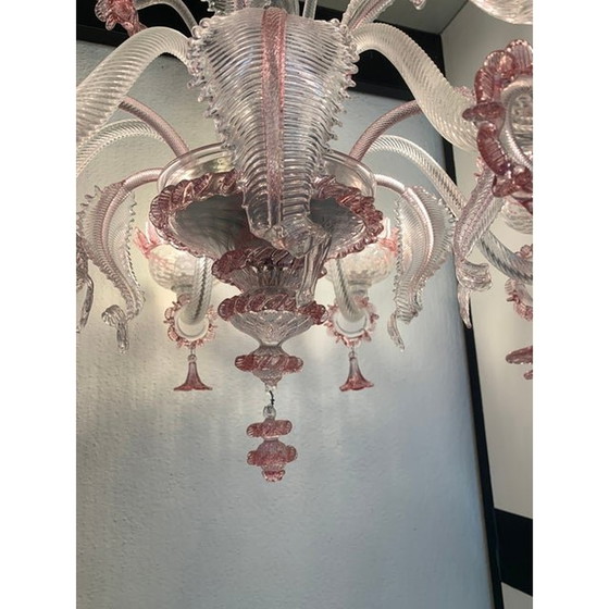 Image 1 of Lustre en verre de Murano transparent et rose avec fleurs et feuilles