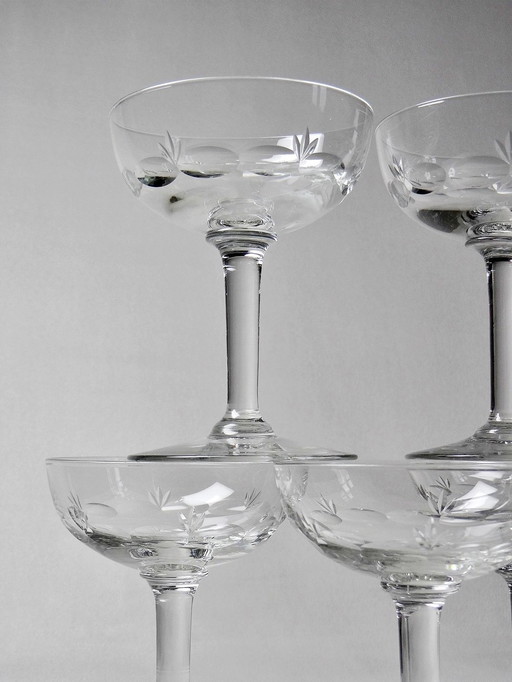 5 Coupes À Champagne Anciennes Verre Cristallin Ciselé