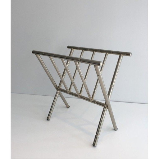 Porte-revues vintage en faux bambou et nickel, France 1970