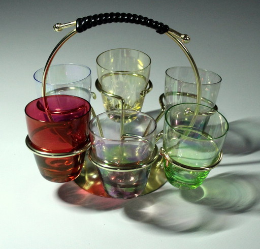 1950S - 6 Verres à liqueur dans un présentoir en métal