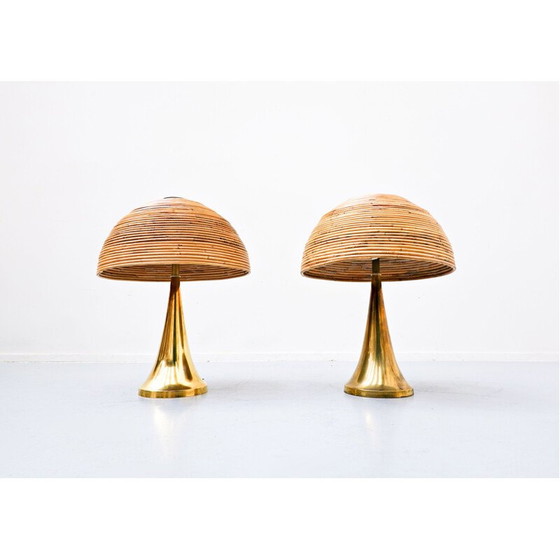 Image 1 of Paire de lampes de table vintage en laiton et bambou, Italie