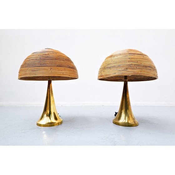 Image 1 of Paire de lampes de table vintage en laiton et bambou, Italie