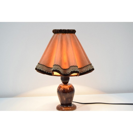 Image 1 of Lampe de table vintage en céramique et tissu, tchèque 1930