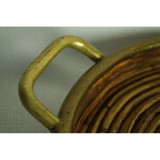 Image 1 of Plateau rond vintage en rotin et laiton, Italie 1970