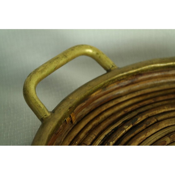 Image 1 of Plateau rond vintage en rotin et laiton, Italie 1970