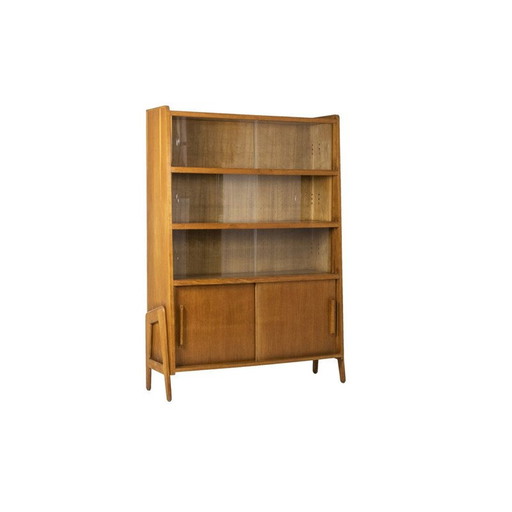 Bibliothèque vintage en chêne avec portes coulissantes en verre, 1960