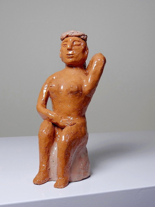 Statuette De Baigneuse En Argile Vernissée Brutaliste Japonisante