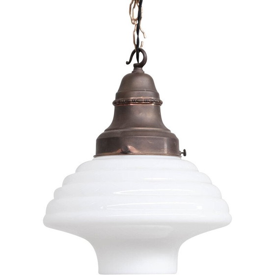 Image 1 of Lampe suspendue française vintage en opaline et laiton, années 1930