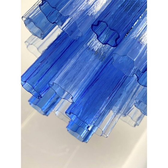 Image 1 of Lustre Spoutnik contemporain en verre de Murano bleu ciel et bleu "Tronchi".