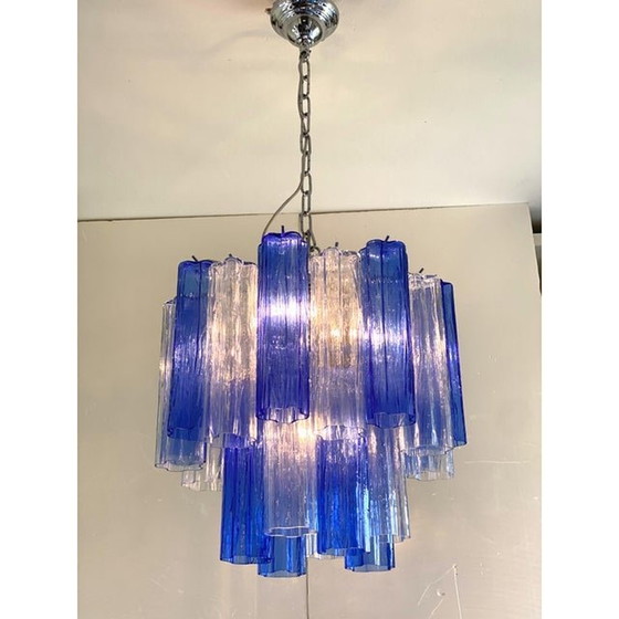 Image 1 of Lustre Spoutnik contemporain en verre de Murano bleu ciel et bleu "Tronchi".