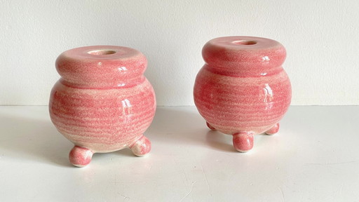 2 Bougeoirs Céramique Rose Années 90