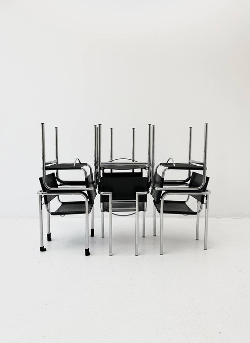 Lot de 6 chaises italiennes avec accoudoirs en acier tubulaire et cuir, années 1980