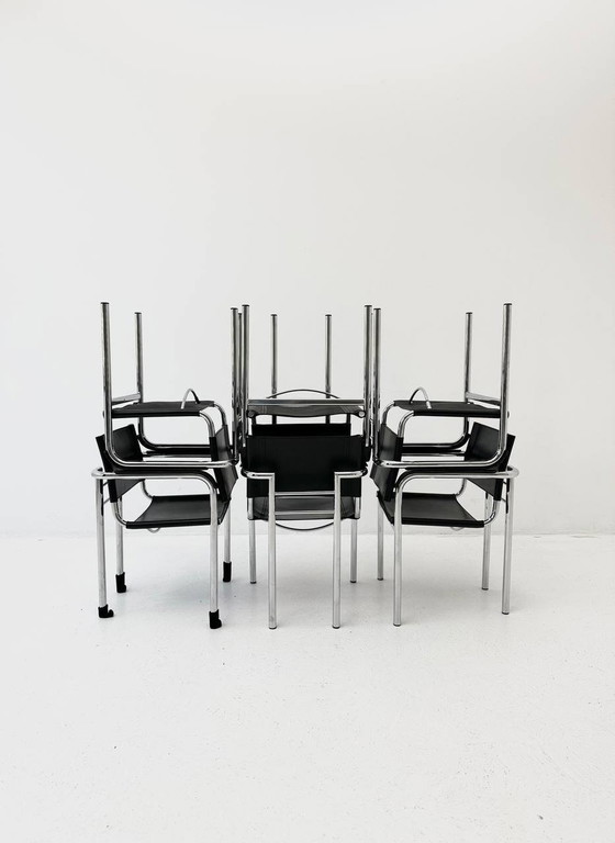 Image 1 of Lot de 6 chaises italiennes avec accoudoirs en acier tubulaire et cuir, années 1980