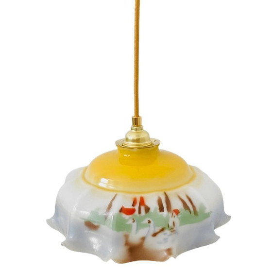 Image 1 of Lampe suspendue Artdeco paysage blanc opalin années 1930